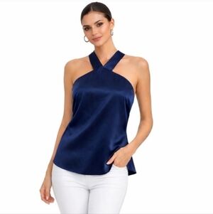 NWT Banana Republic Navy Blue Sleeveless Satin Halter Blouse